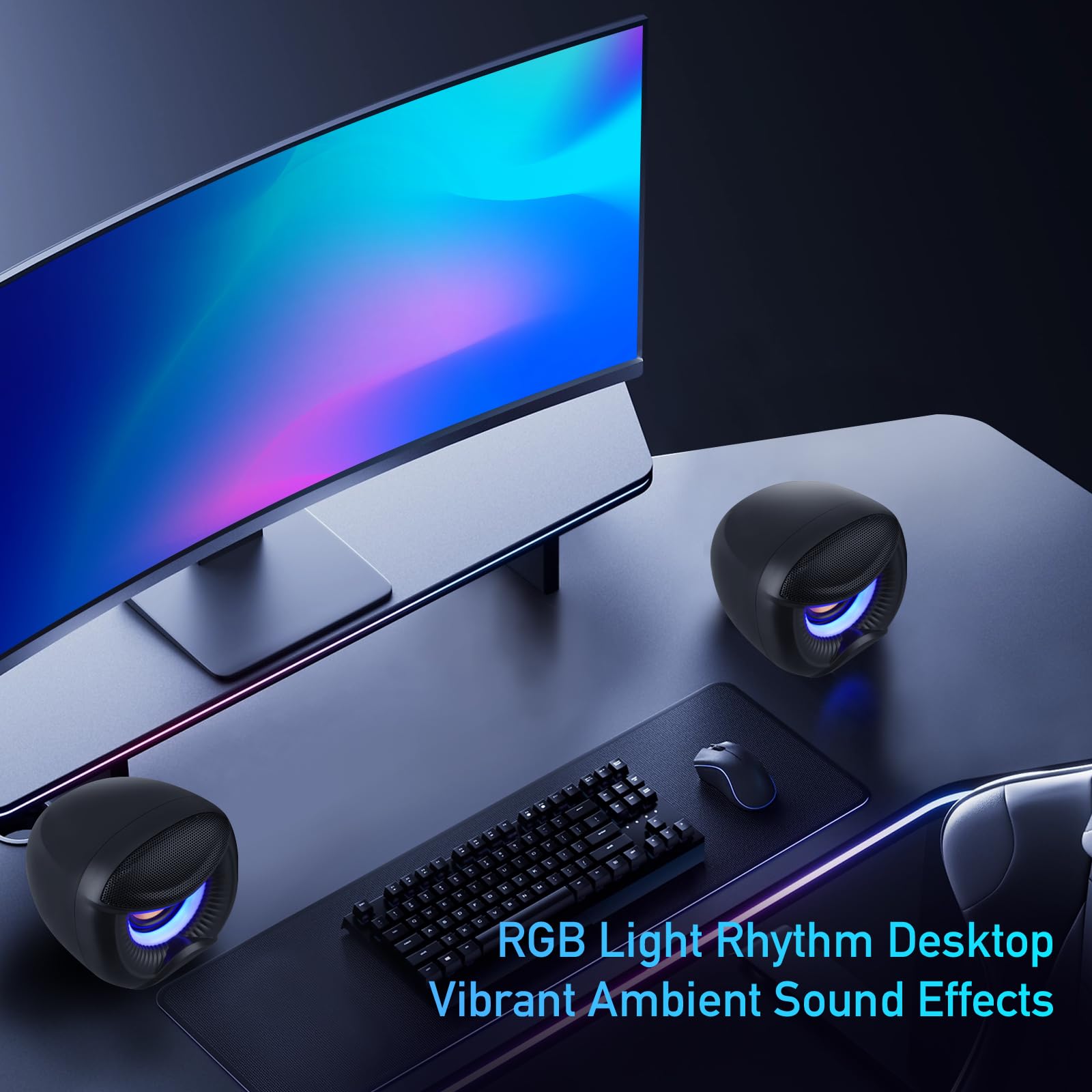 Elimavi Mini altoparlanti per computer alimentati tramite USB con illuminazione RGB blu 2.0, jack per cuffie stereo Plug and Play, compatibili con desktop, laptop (adattatore USB-C incluso)