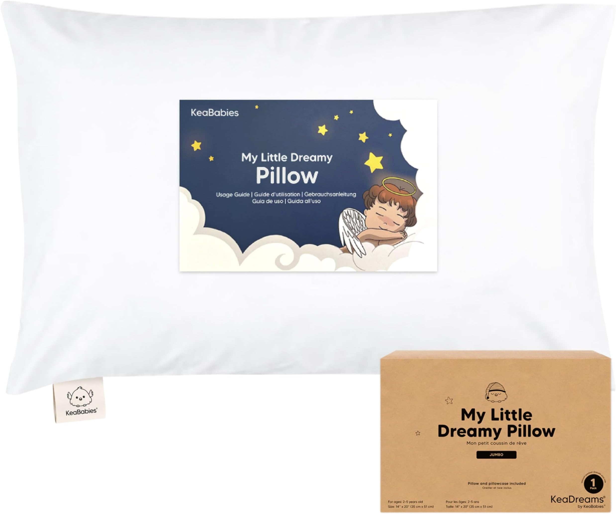 KeaBabies Toddler Pillow with Pillowcase, Jumbo 14X20 - Soft Organic Cotton Pillow for Sleeping - Machine Washable - Perfect for Travel, Bed Set (Soft White)