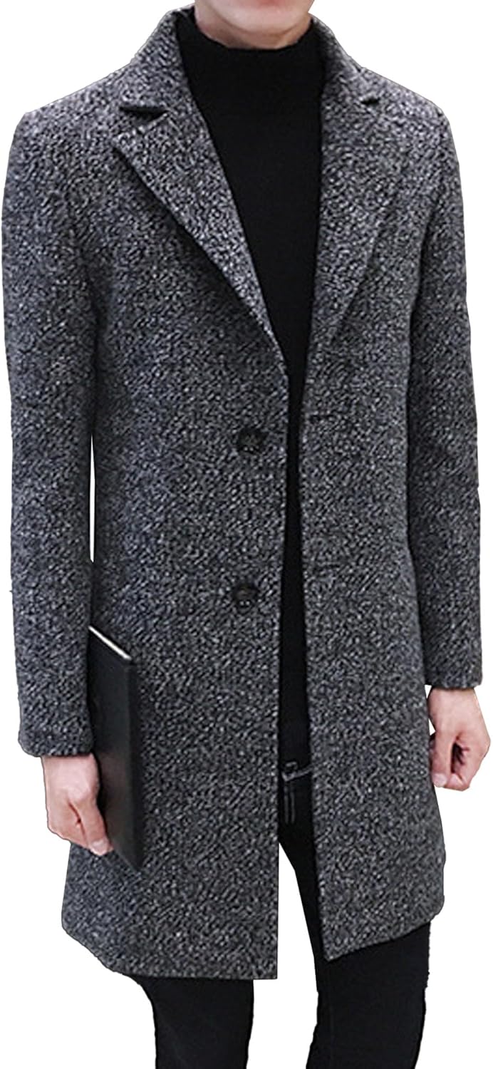 Maiyifu-GJ Men's Wool Blend Trench Coat Slim Fit Notched Collar Long Jacket Overcoat Winter Stylish Business Overcoats