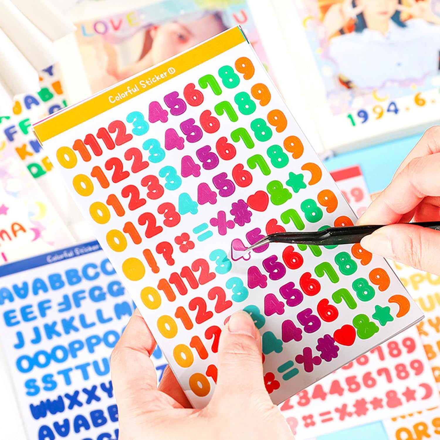 Condition photo showing New/Like New for 2400 pieces small colorful vinyl letter stickers, 24 sheets self adhesive mini alphabet stickers, 0.5 inch numbers letters labels diy crafts art making, used for cards, notebook decor