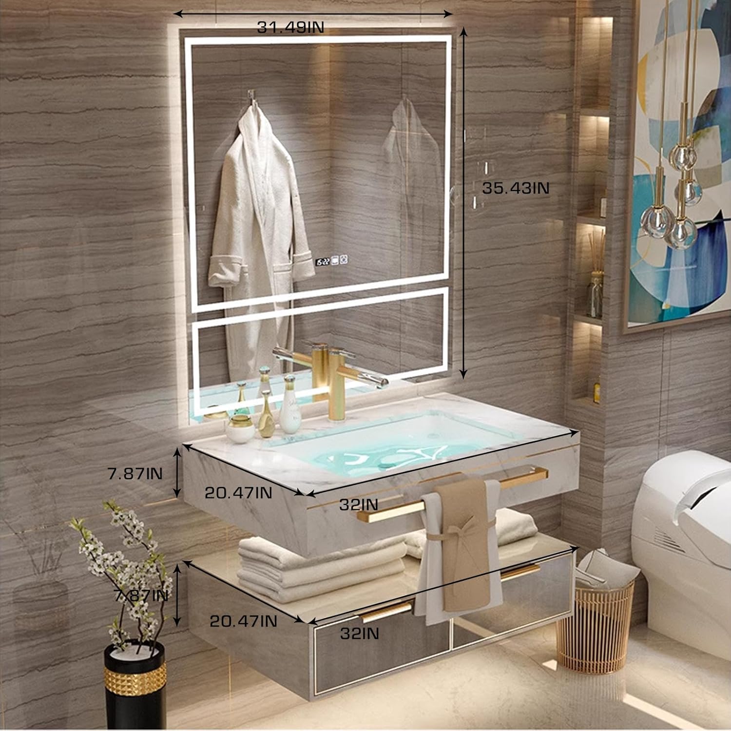 Single Sink Bathroom Vanity,Bathroom Vanity With Sink,Stylish Design Wall Mounted Floating Bathroom Vanities LED Smart Defog Mirror Cabinet, Bathroom Vanity Large Storage Drawer/Dark Brown 32"