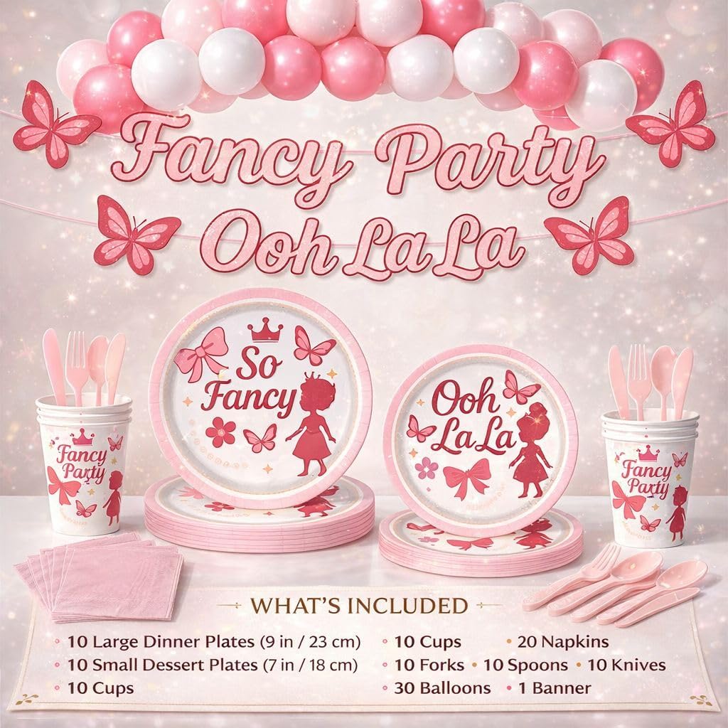 Fancy Party Decorations for Girls – Ooh La La Pink Birthday Party Supplies Set with Banner, Plates, Cups, Napkins & Balloon Garland – Princess Theme Birthday Set