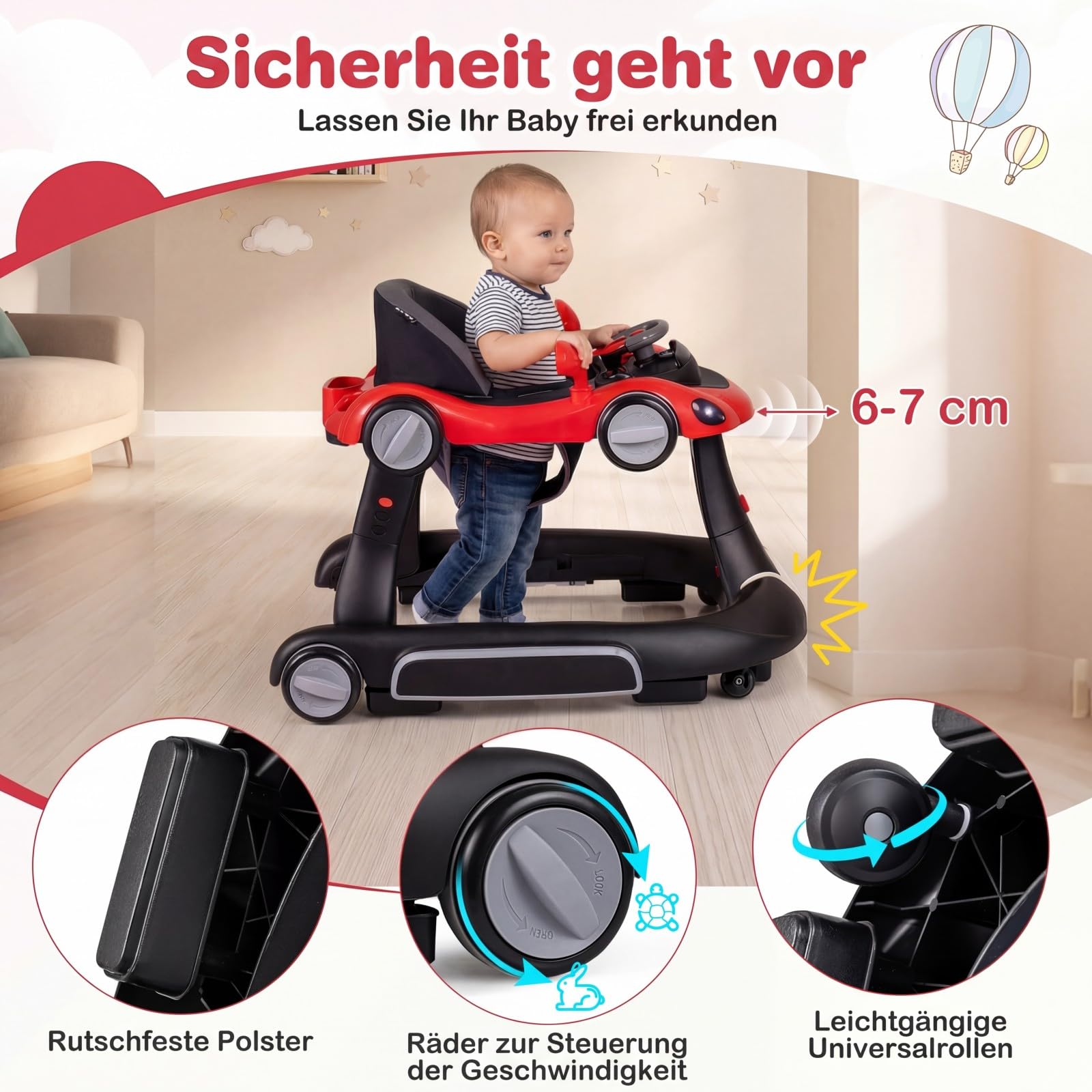 GIANTEX 7 en 1 Trotteur Bébé, Trotteur Marche Bebe Évolutif Pliable, 3 Hauteur Réglable, Capote&Tapis de Saut Amovibles, Roues Contrôle Vitesse et Sonores&Lumière, 7-18 Mois, Charge 12KG (Noir+Rouge)
