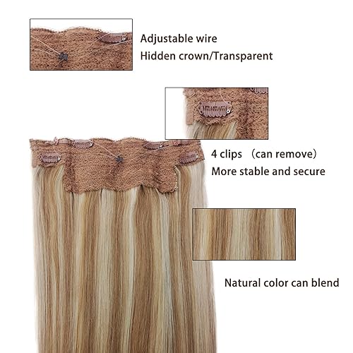 Miniatura 3 de Extensiones de cabello humano real con halo de 16 pulgadas, 2.82 oz, balayage, rubio degradado, extensiones de cabello humano rubio dorado con rubio