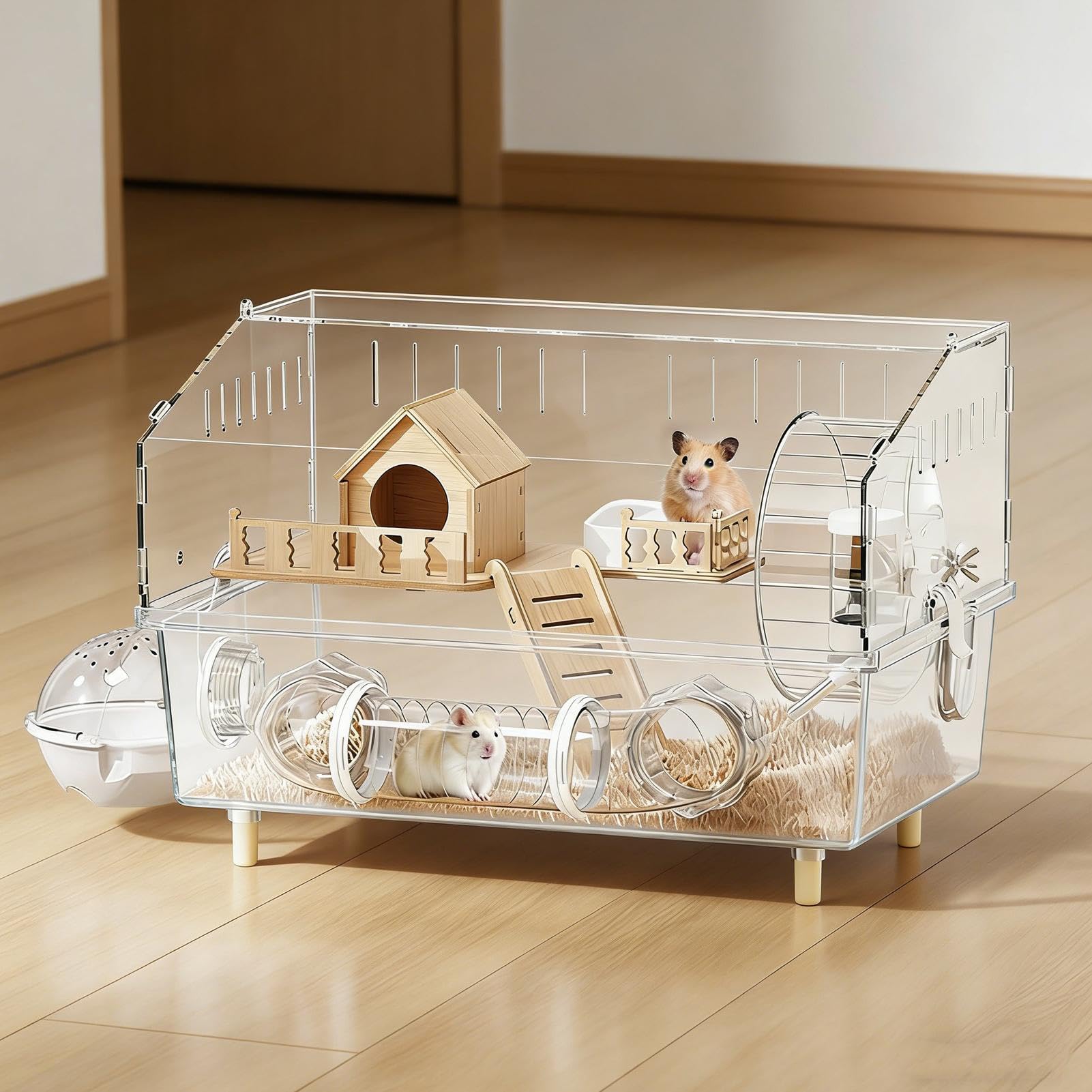 Casa para Hámster Casa Acrílica Transparente de 2 Niveles para Juego, | Jaula para Gerbo Hámster, Chinchilla, Erizo y Animales Pequeños