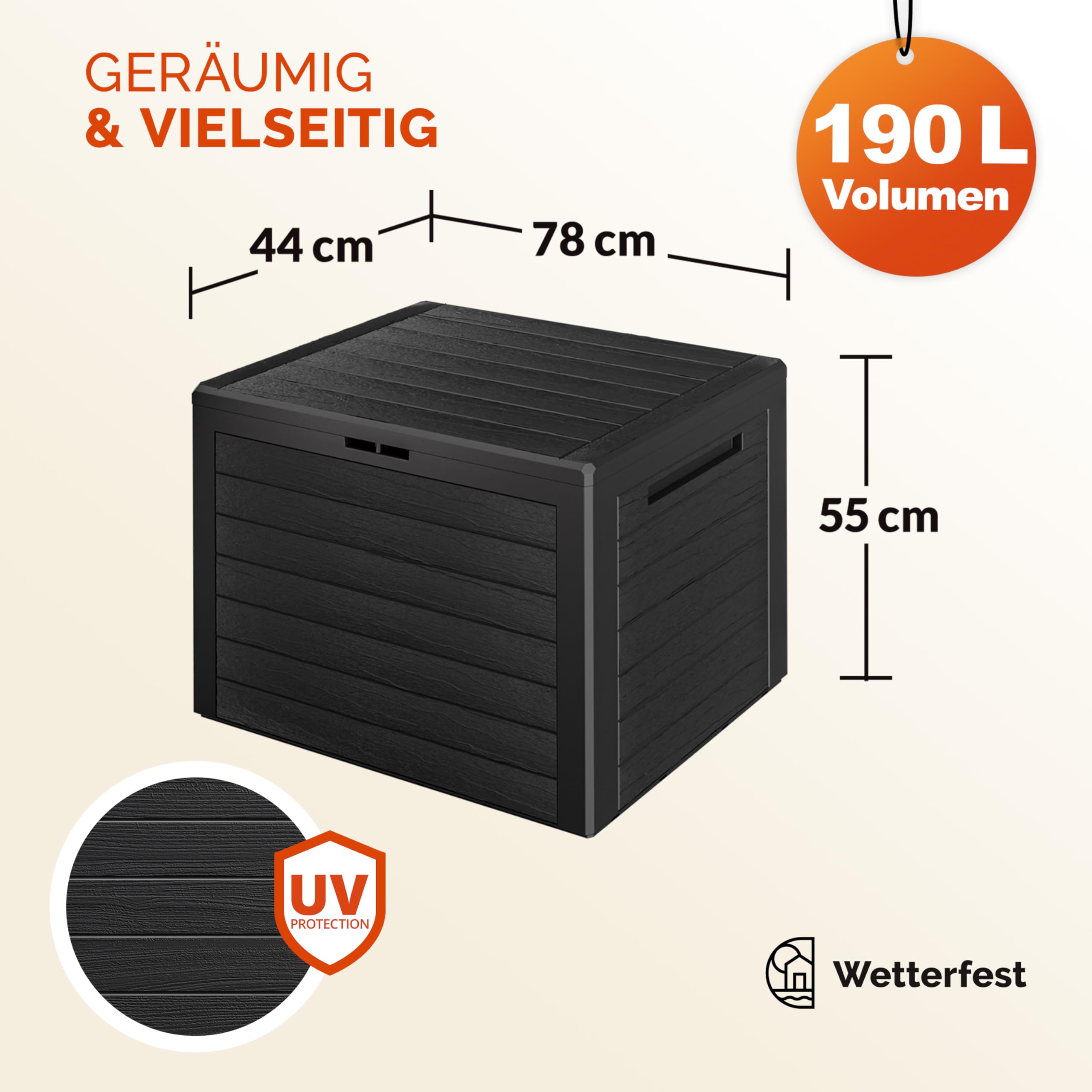 Casaria® Gartenbox 190L UV-beständig Griffmulden Verschlussvorrichtung Balkon Terrasse Wohnzimmer Wintergarten Kissenbox 78x44cm Holz-Optik Anthrazit