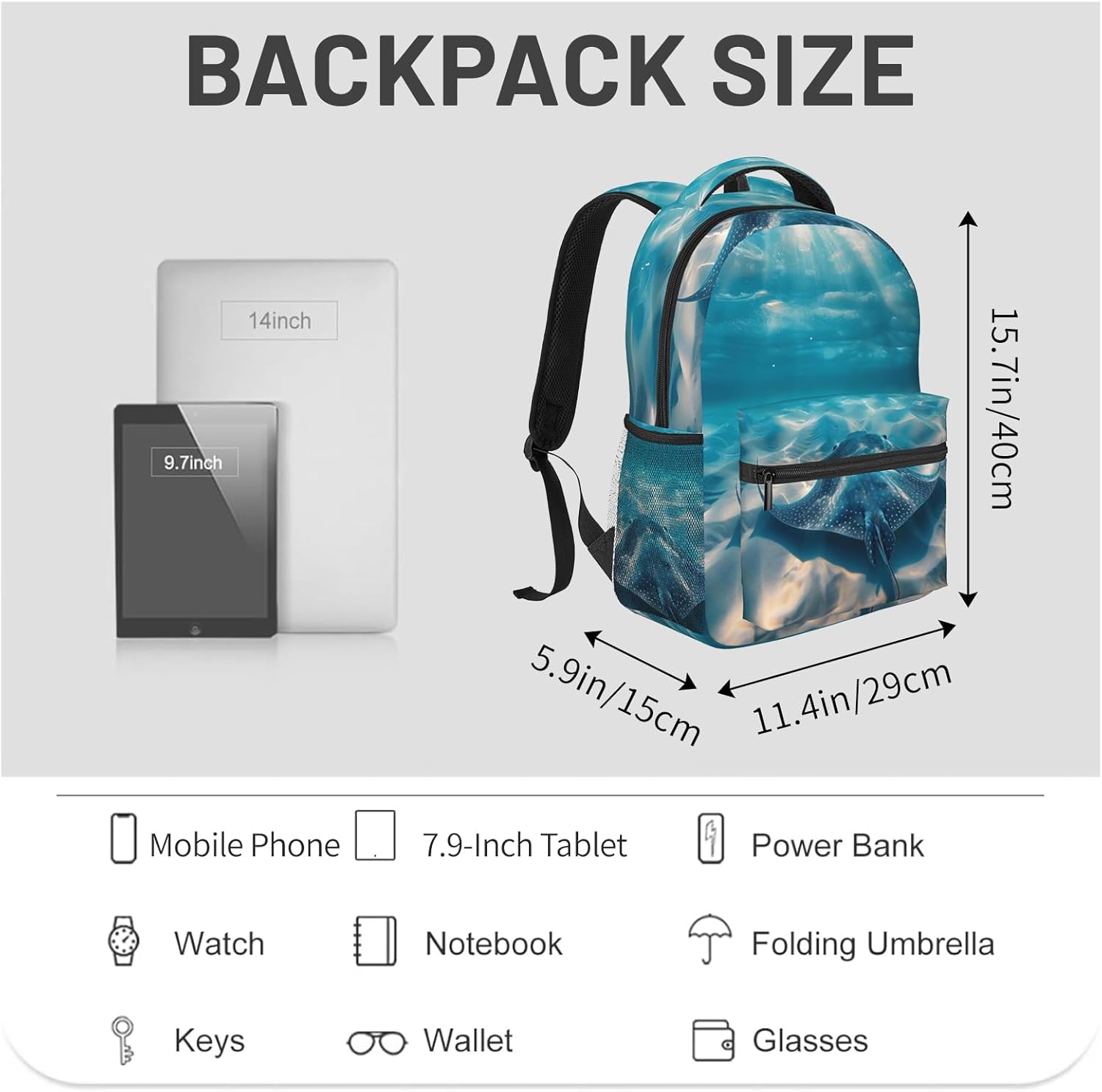 Stingray Backpack Gifts for Girls Boys Kids Teens, Travel Backpacks Laptop Rucksack, Bookbag, Ocean Light Ray Manta Back Pack Accessories Bags for School, Work, Outdoor Adventures