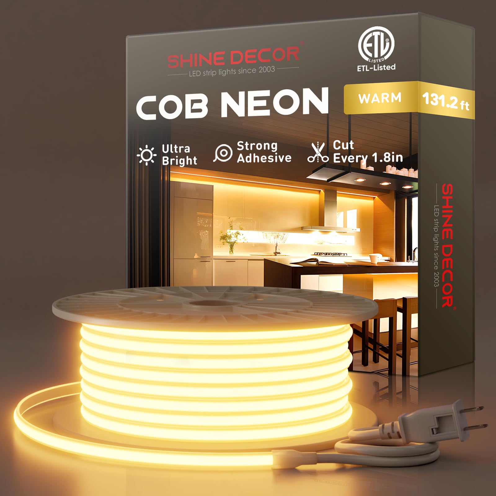 Shine Decor COB LED Rope Light AC 120V 800lm Ultra Bright IP65 Waterproof Cold-Resistant ETL Neon Strip No