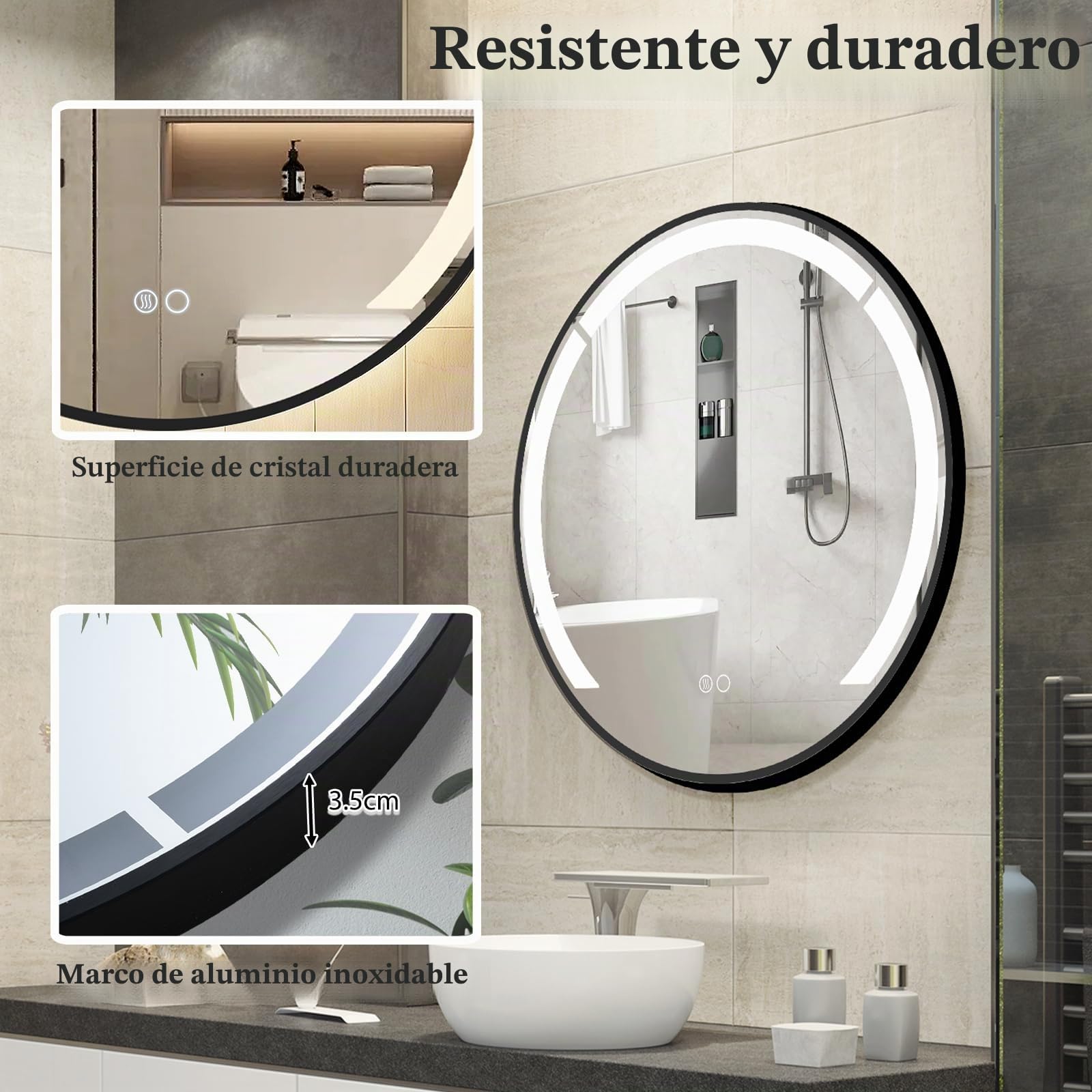 LIFEZEAL Espejo de Pared Redondo con LED, 60 cm, Función Antivaho, 3 Colores de Luz y Brillo Ajustable, Marco de Aluminio Resistente para Cuarto de Baño