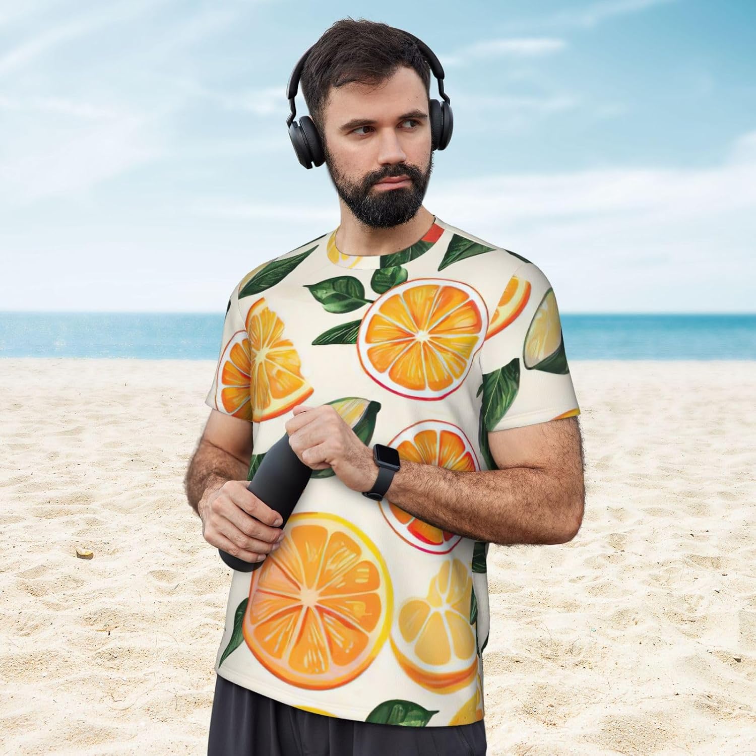 Citrus Fruit Pattern Print Mens Short Sleeve Mesh T-Shirt Breathable Athletic Gym Running Casual Sports Wear