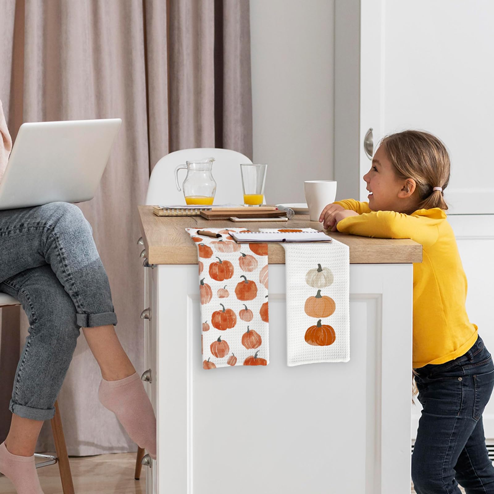 Set Of 2 Fall Pumpkin Decor Kitchen Towels - 16x24 Inch Farmhouse Hand & Dish Towels For Seasonal Kitchen Bathroom