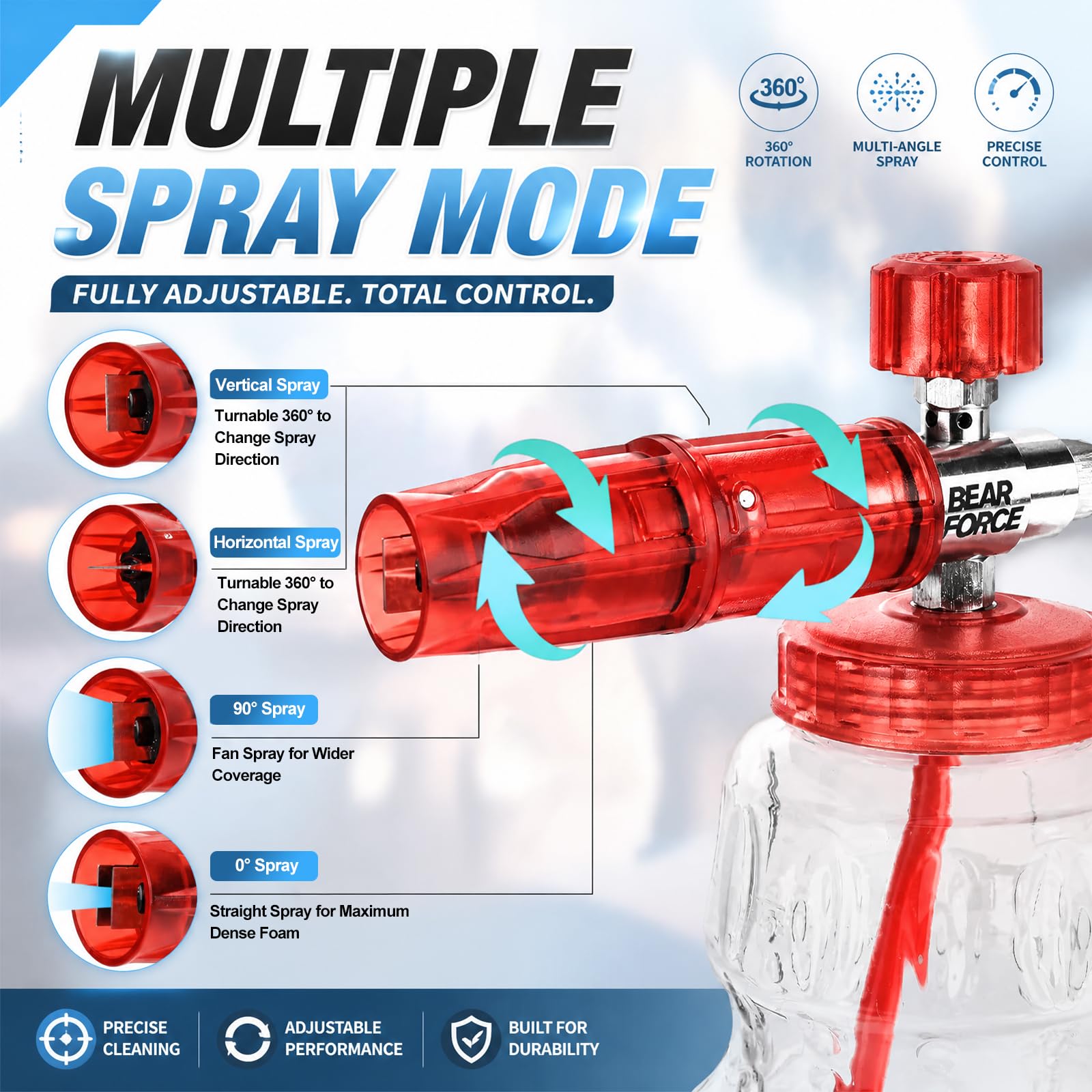 BEARFORCE Idropulitrice in acciaio inox schiuma cannone con 1/4 "Quick Connector & 1.25mm & 1.10mm ugello, lancia schiuma neve regolabile con 1L serbatoio sapone per idropulitrice 800~5000PSI