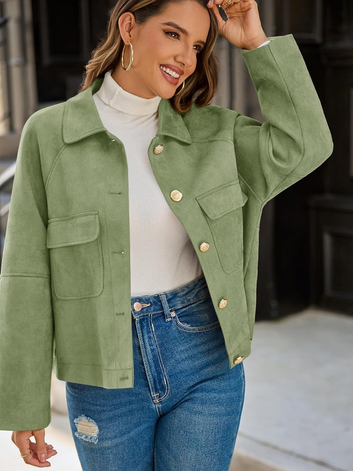 Cicy Bell Womens Faux Suede Leather Jackets Oversized Cropped Casual Lapel Collar Button Down Spring Vintage Shackets - Image 2