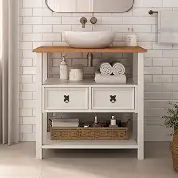 IDIMEX Gabinete Banheiro em Madeira Balcão Armário com Tampo 2 Gavetas e Nichos Tequila cor Branco Freijó 80 cm
