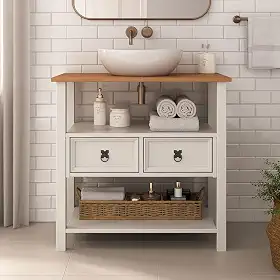 IDIMEX Gabinete Banheiro em Madeira Balcão Armário com Tampo 2 Gavetas e Nichos Tequila cor Branco Freijó 80 cm