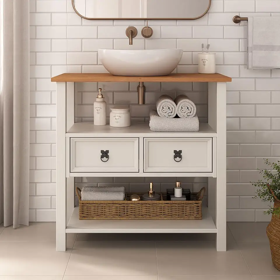 IDIMEX Gabinete Banheiro em Madeira Balcão Armário com Tampo 2 Gavetas e Nichos Tequila cor Branco Freijó 80 cm