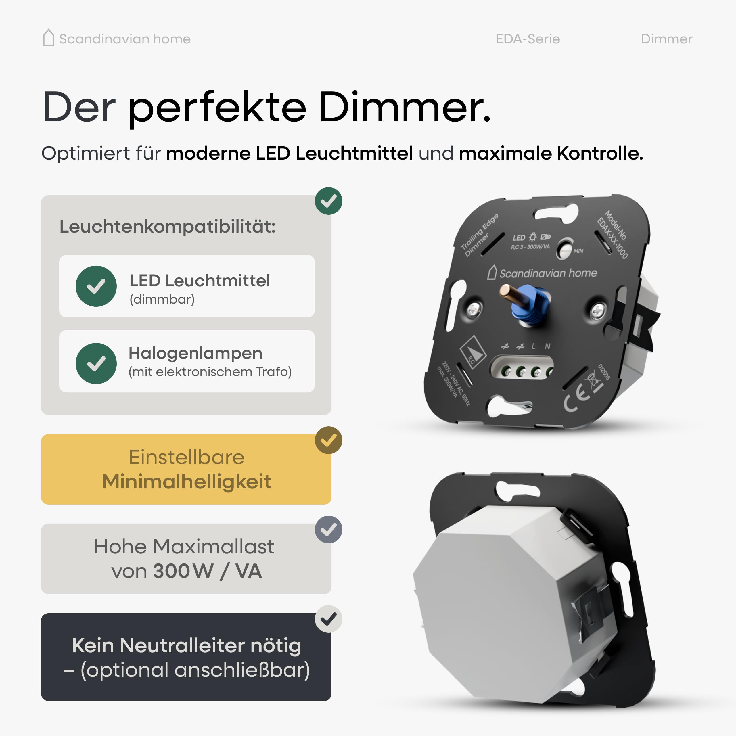Scandinavian home Dimmer für LED Lampen 3-300W / VA - Universeller LED Dimmer Schalter mit Phasenabschnitt, Standardmaß 55 - Unterputz LED Dimmer 230V Dimmschalter Drehdimmer - Blende Weiß Glänzend