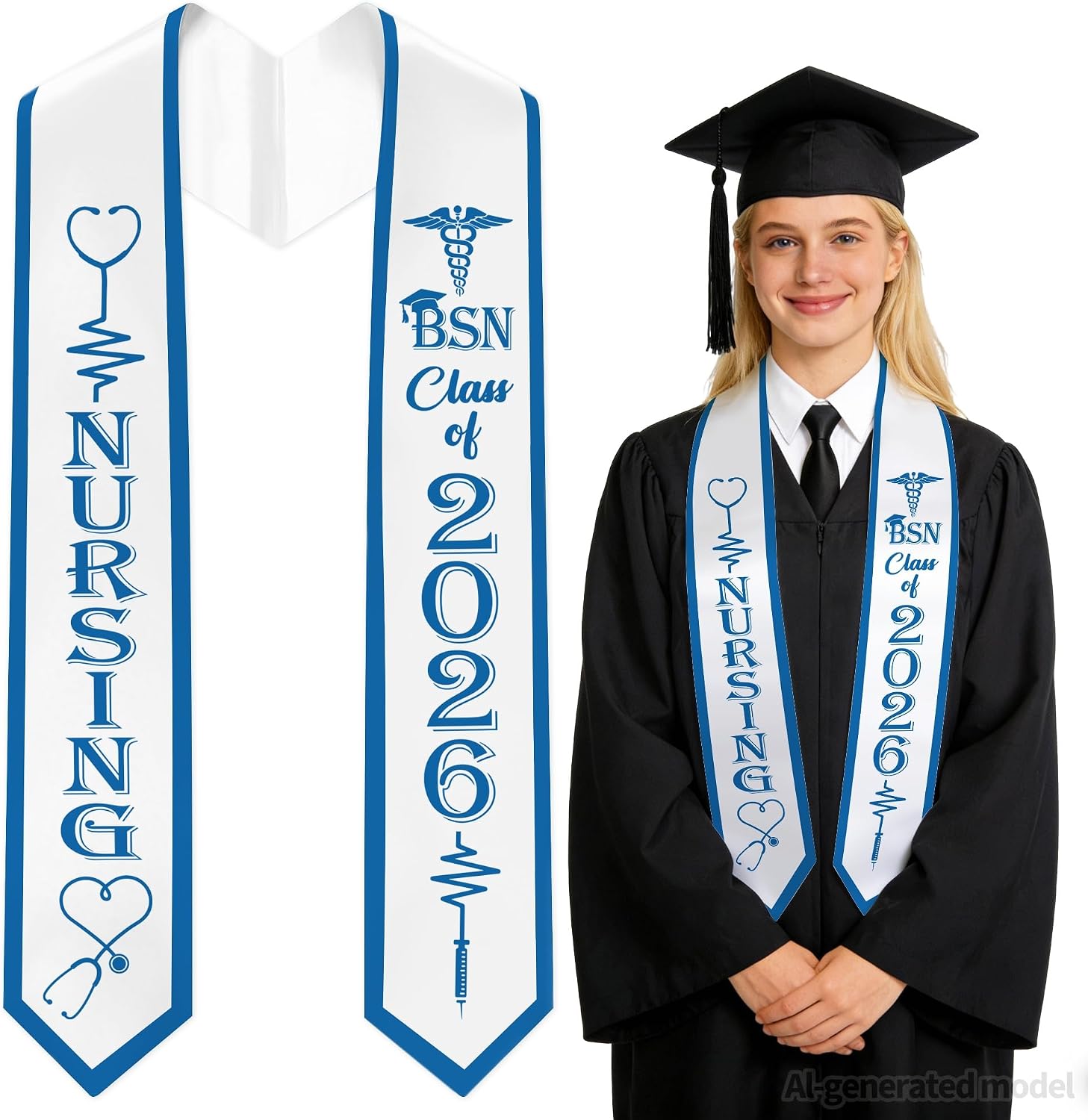 Nurse Graduation Bsn Stole 72inch Nurse Grad Sash Nursing Stole Graduation 2026 White & Blue