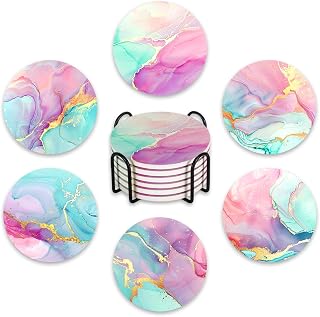 Pink Blue Marble Ceramic Coasters with Holder Set of 6, Gold Abstract Fluid Beverage Absorbent Drink Cup Mat for Coffee Table Protection, 4 Inches Artistic Home Kitchen Decor Housewarming Gifts