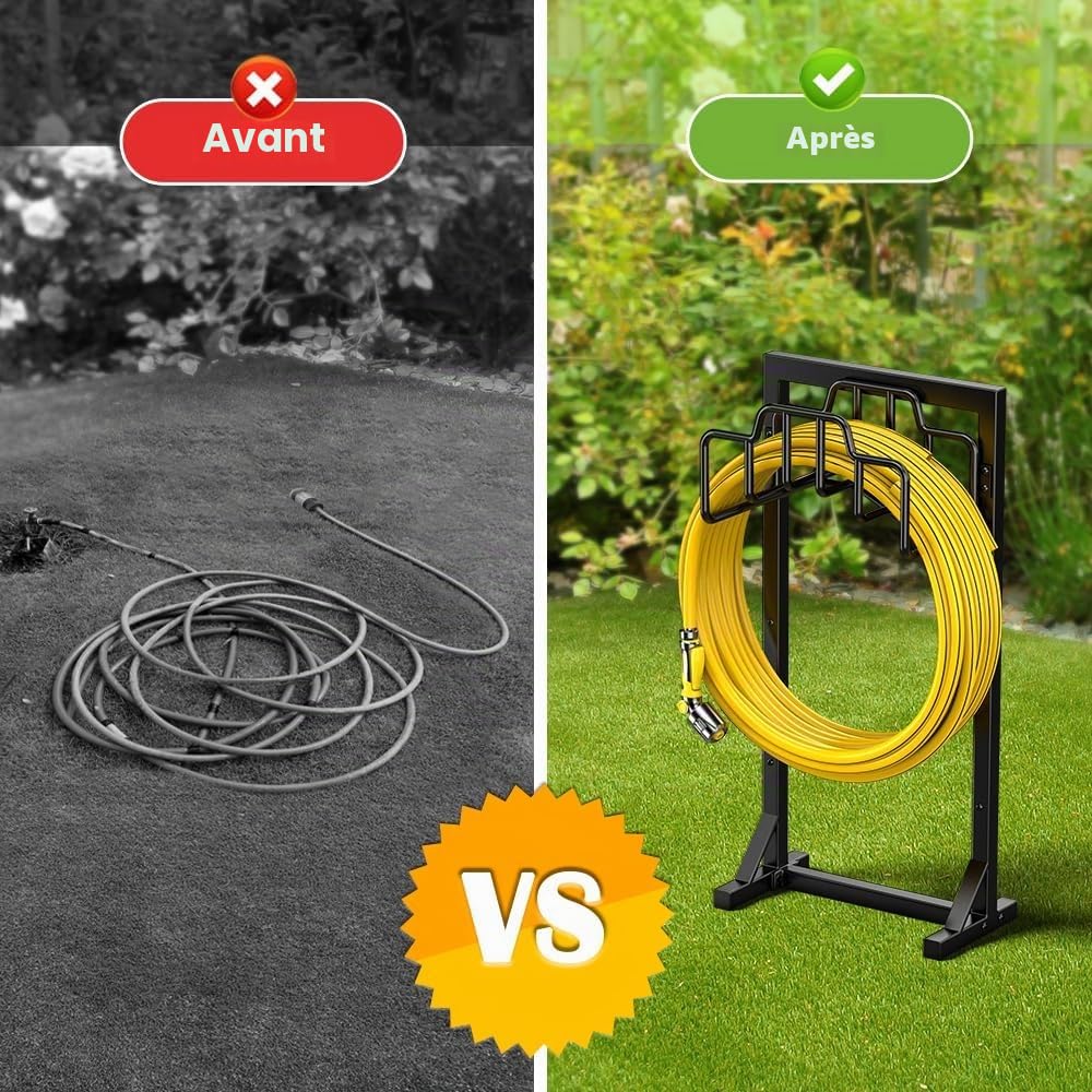 Bomclap Support de tuyau d'arrosage de 117 cm, autonome, amovible, en métal, avec panier de rangement, noir