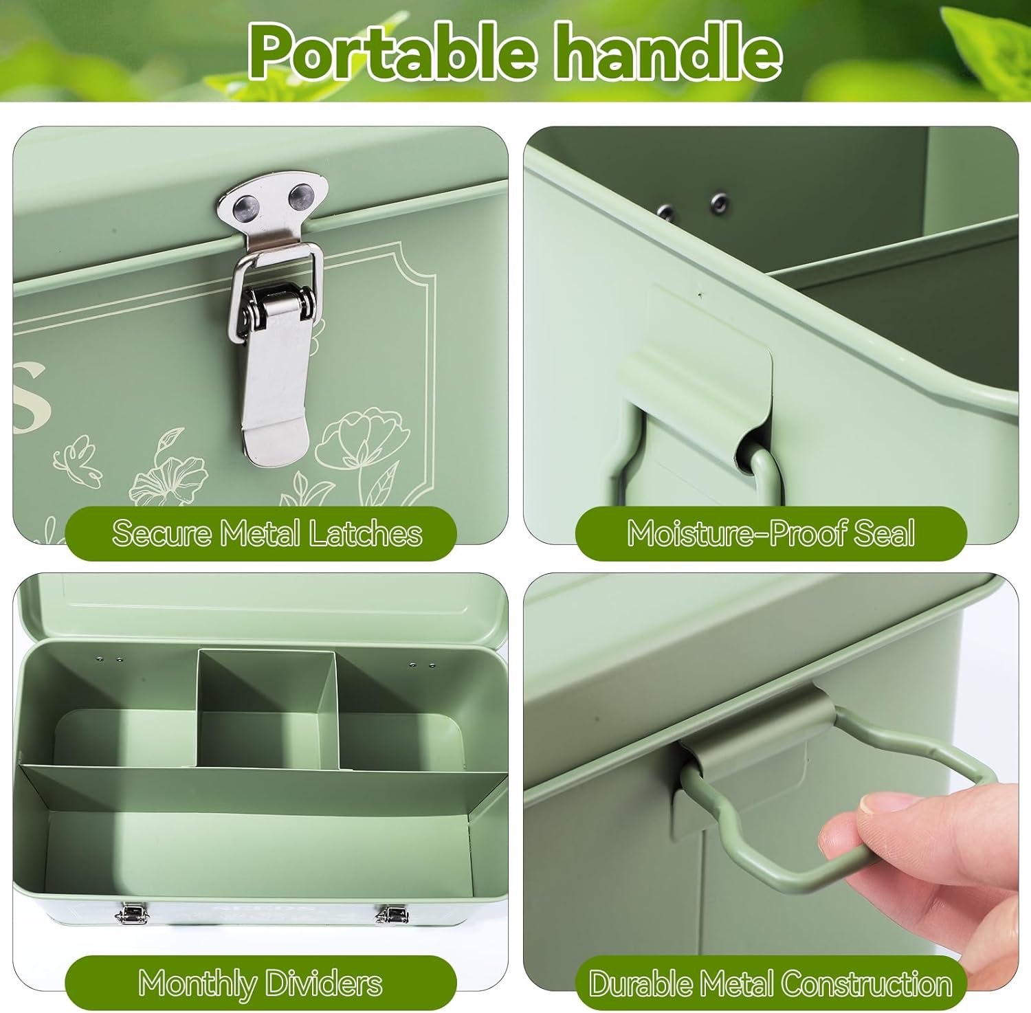 Pimoys Seed Storage Organizer, Metal Seed Saving Box with Lid, Seed Bank Container with 50 Labels 50 Envelopes 20 Plant Clips 32.8Ft Plant Tie, 4 Compartments Box Garden Seed Bin with Safety Locks - Image 3