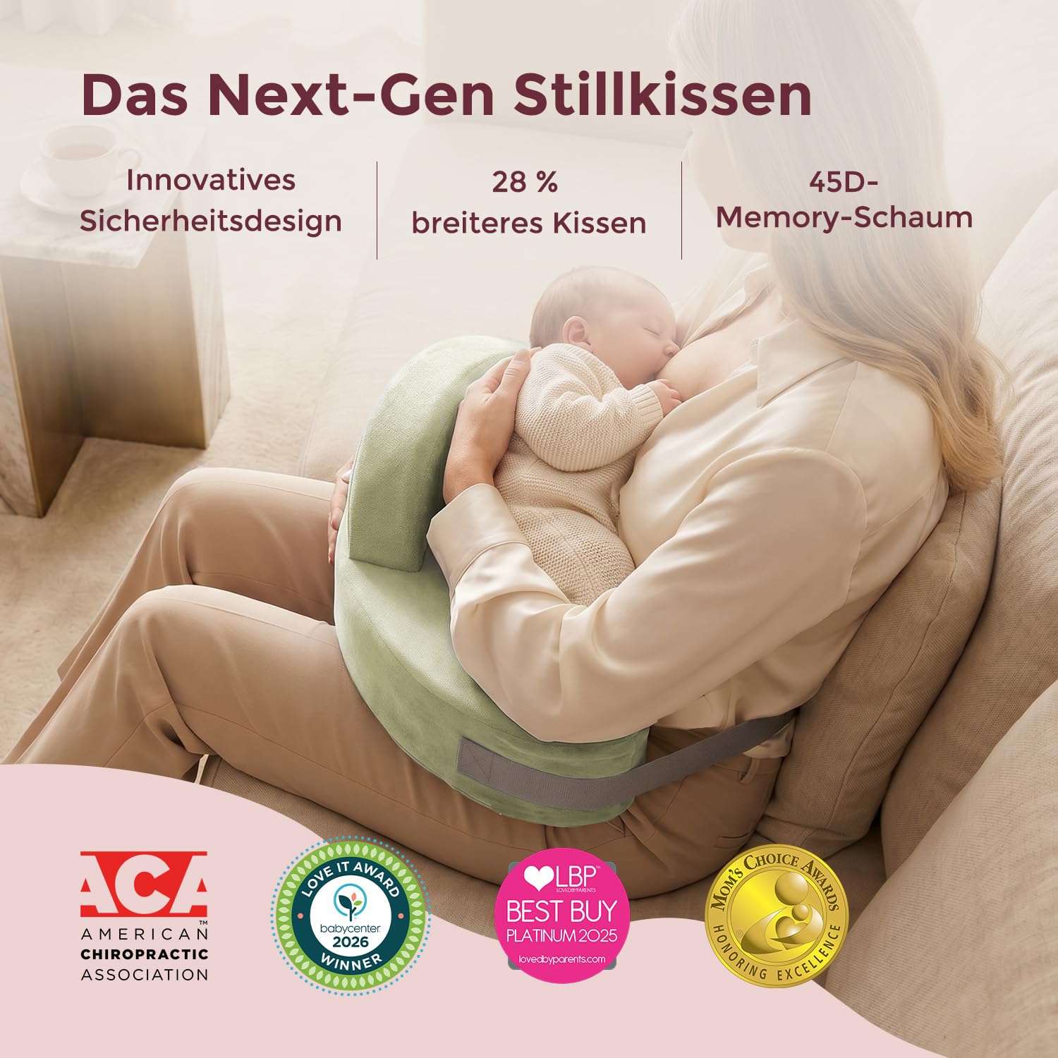 Momcozy Stillkissen mit Sicherheitsstütze – Fester und federnder Memory-Schaum – Stabile, ergonomische Unterstützung und Komfort – Breiteres Stillkissen, Verstellbarer, Abnehmbarer Bezug，Grün