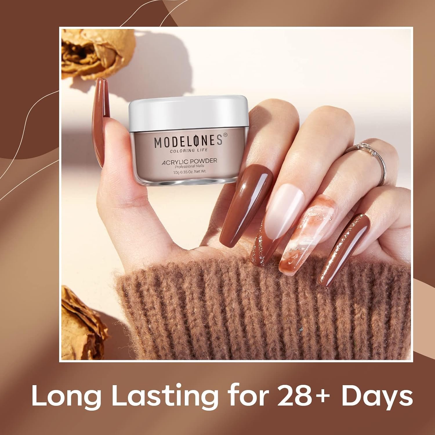 Modelones Nude Acrylic Powder 6 Colors Acrylic Nail Powder Kit Chocolate Brown Latte Soft Tones Cover Powder for Nail Art Extension No Nail Lamp Needed