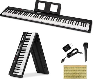 MOSEN 88 Keys Full Size Portable Piano Keyboard for Beginner, Semi-Weighted Foldable Piano with 190 Rhythms&Tones, Electric Piano Keyboard with microphone, music stand, sticker, Black