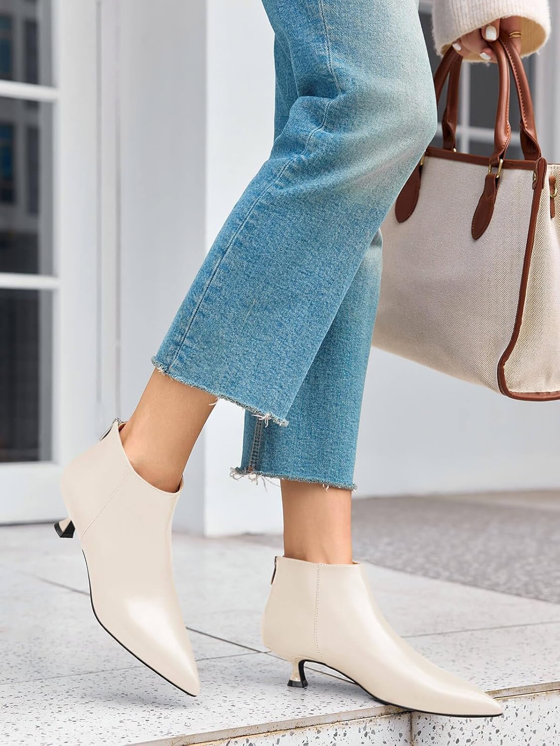 Coutgo Womens Kitten Low Heel Booties Pointed Toe Short Ankle Boots Back Zipper Fall Shoes - Image 2