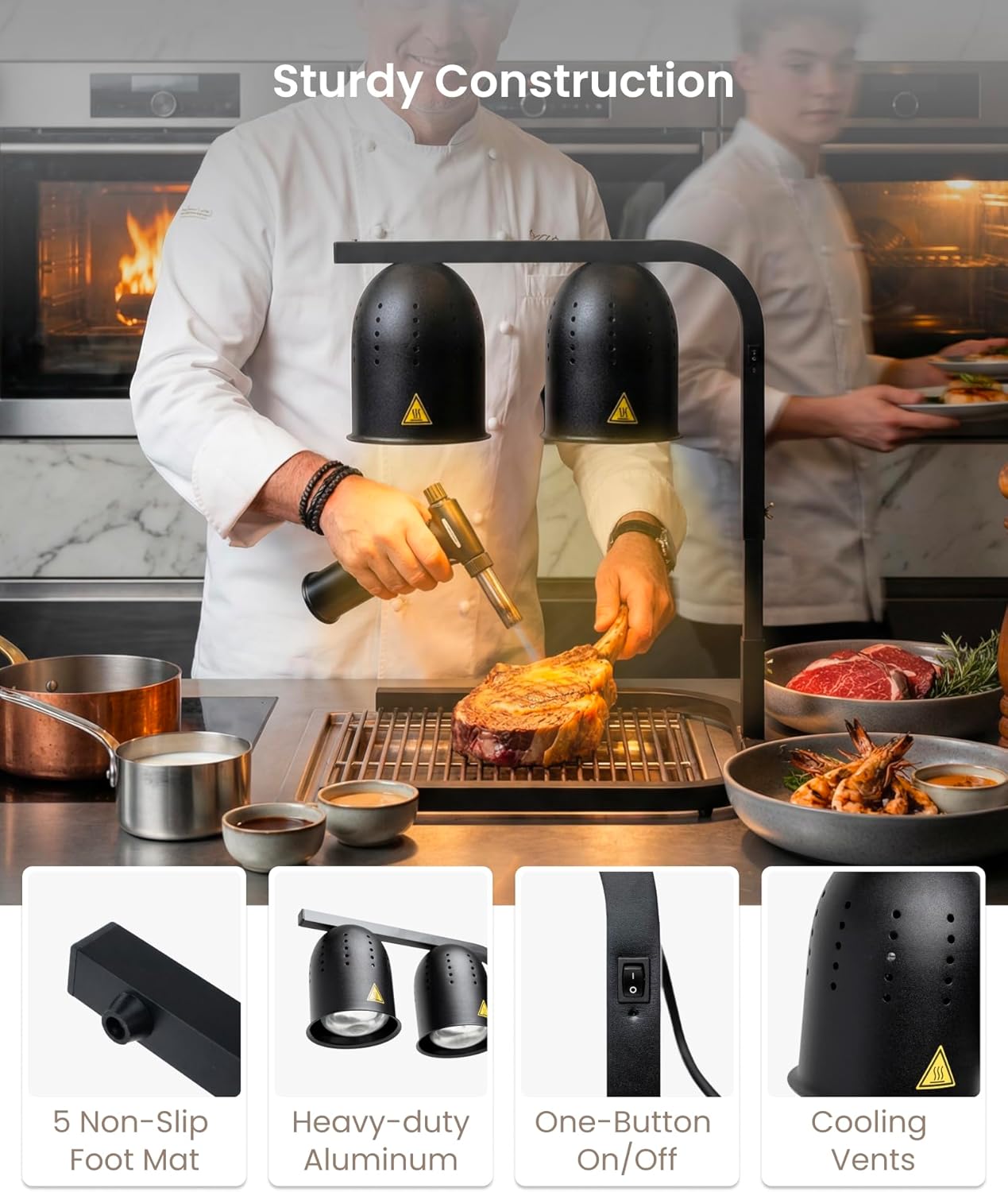 SYBO DL2112 Commercial Grade Food Heat Lamp, Portable Electric Food Warmer, 2-Bulb 500W with Free-Standing, Black