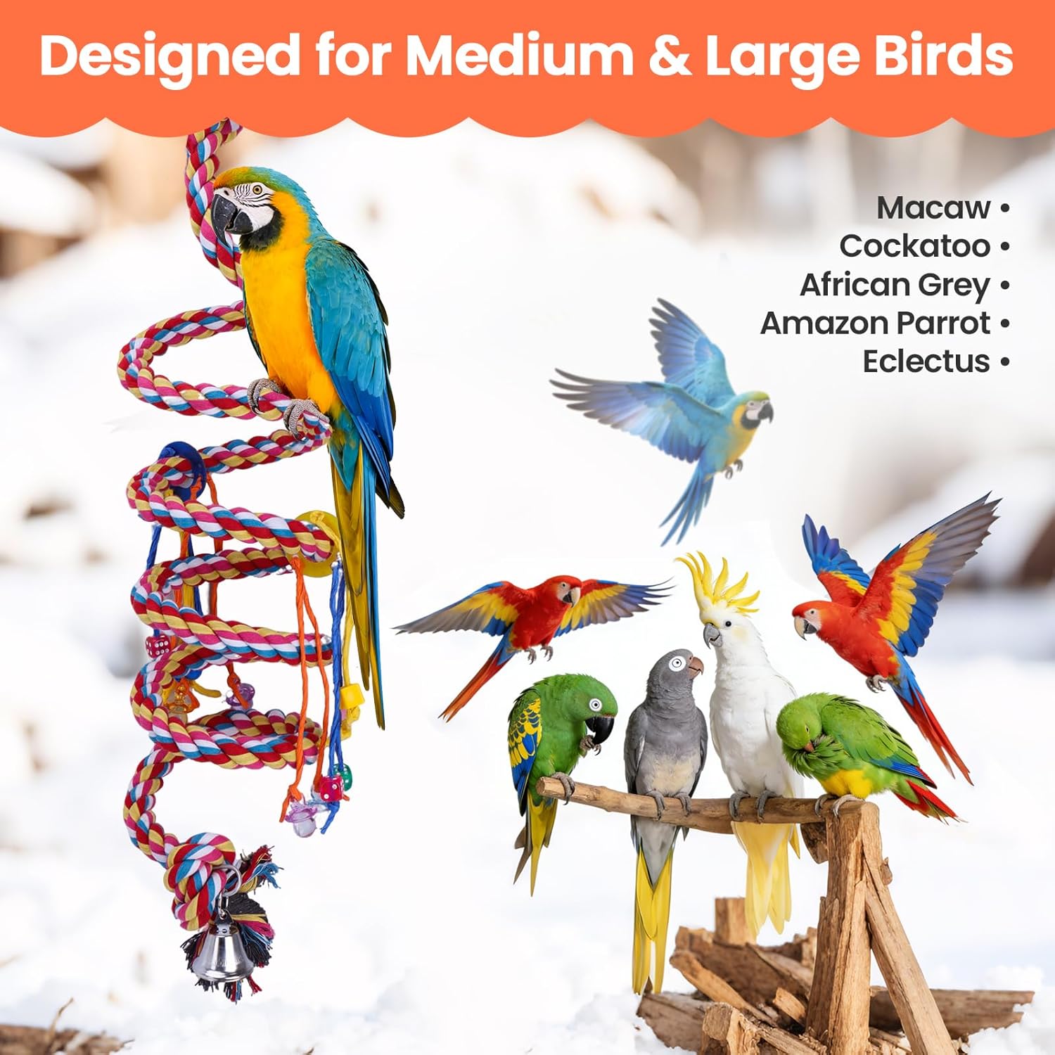 Bird Toys for Large Parrots - 110'' Heavy Duty Cotton Rope Birds Toy Swing, Spiral Hanging Bird Toys with Bell & Acrylic for Macaws, Cockatoos, Greys, Enrichment Parrot Toys