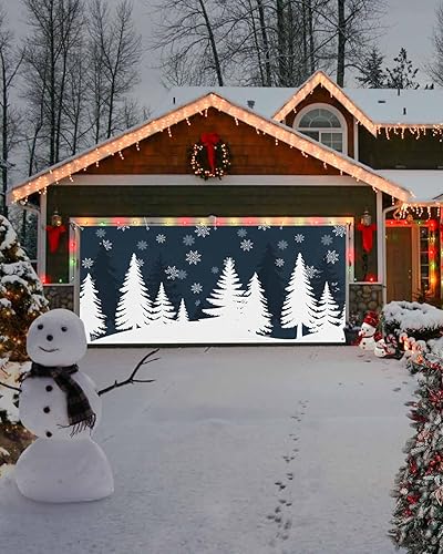 Miniatura 10 de Pancarta de Navidad para puerta de garaje, 7 x 16 pies, árbol de Navidad brillante, copo de nieve, rojo y blanco, decoración de puerta de garaje de