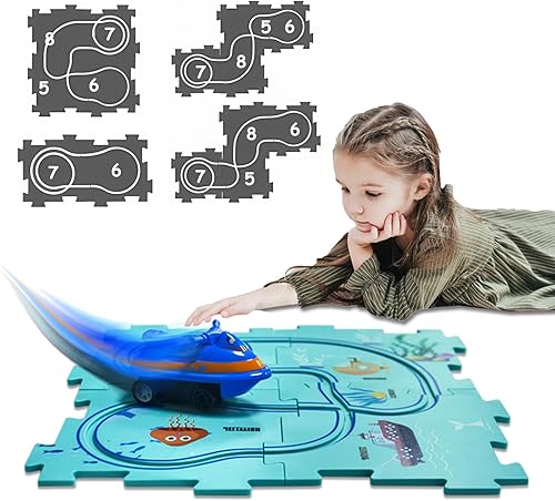 Miniatura 23 de Regalo de cumpleaños para niño de 4 años: set de pista de autos Puzzle Racer con mapa de carretera. Juguete de pista de autos y rompecabezas ideal