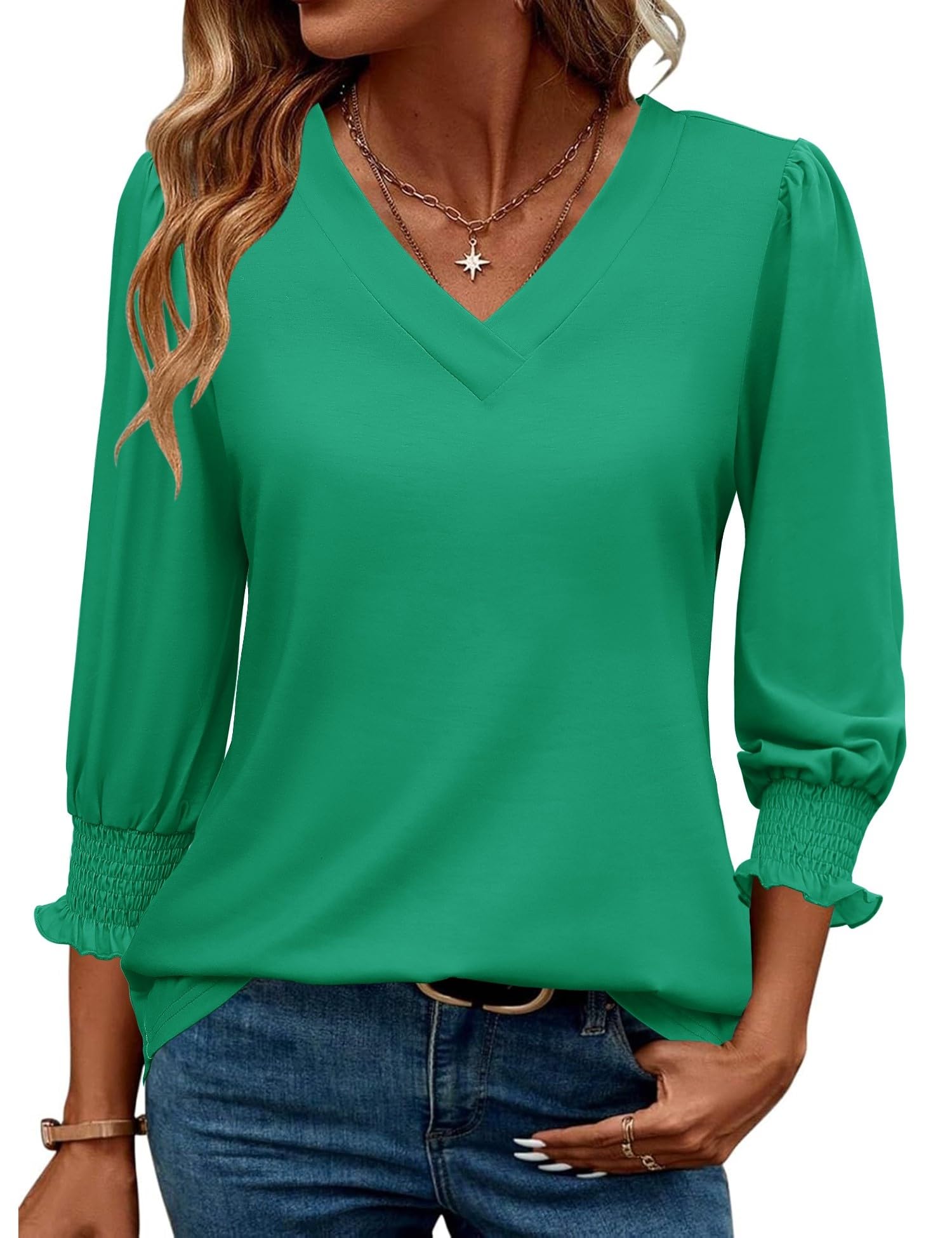 Rapbin 3/4 Length Sleeve Womens Tops Summer Trendy Puff-Sleeve V-Neck Blouses Dressy Casual Textured Smocked T-Shirt