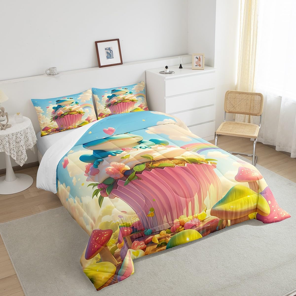 Kawaii Frog Cake Comforter Queen for Kids Adults Youth,3D Cup Cake Dreamy Jungle Mushroom Quilt Comforter Room Decor,Watercolor Rainbow Cartoon Sky Quilted Duvet Duvet Insert,2 Pillowcases