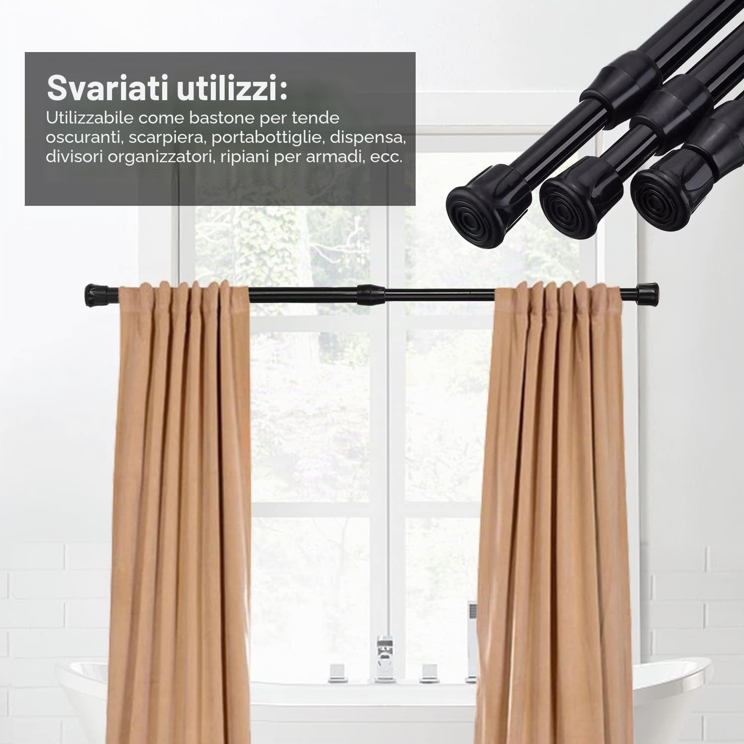 4 Pezzi Bastone per Tende Estensibile, 40-70 cm Bastoni Tende Fissaggio Senza Trapano Bacchette Tende a Molla Asta Telescopica Doccia per Bagno, Cucina, Balcone, Nero