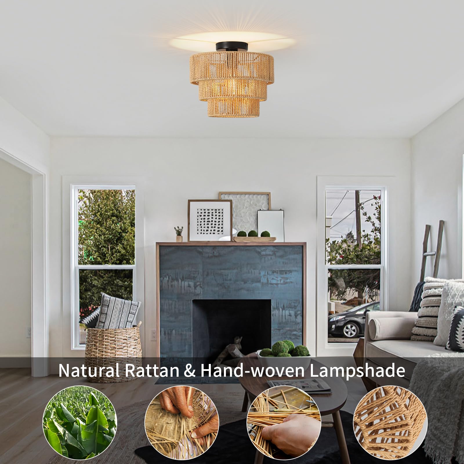 Deckenleuchte Rattan, 3 Lagen Boho Lampe Decke mit Natürlicher Rattan Lampenschirm, E27 Vintage Kronleuchter, Rustikal Braun Deckenlampe Für Wohnzimmer Schlafzimmer Esszimmer Küche Flur