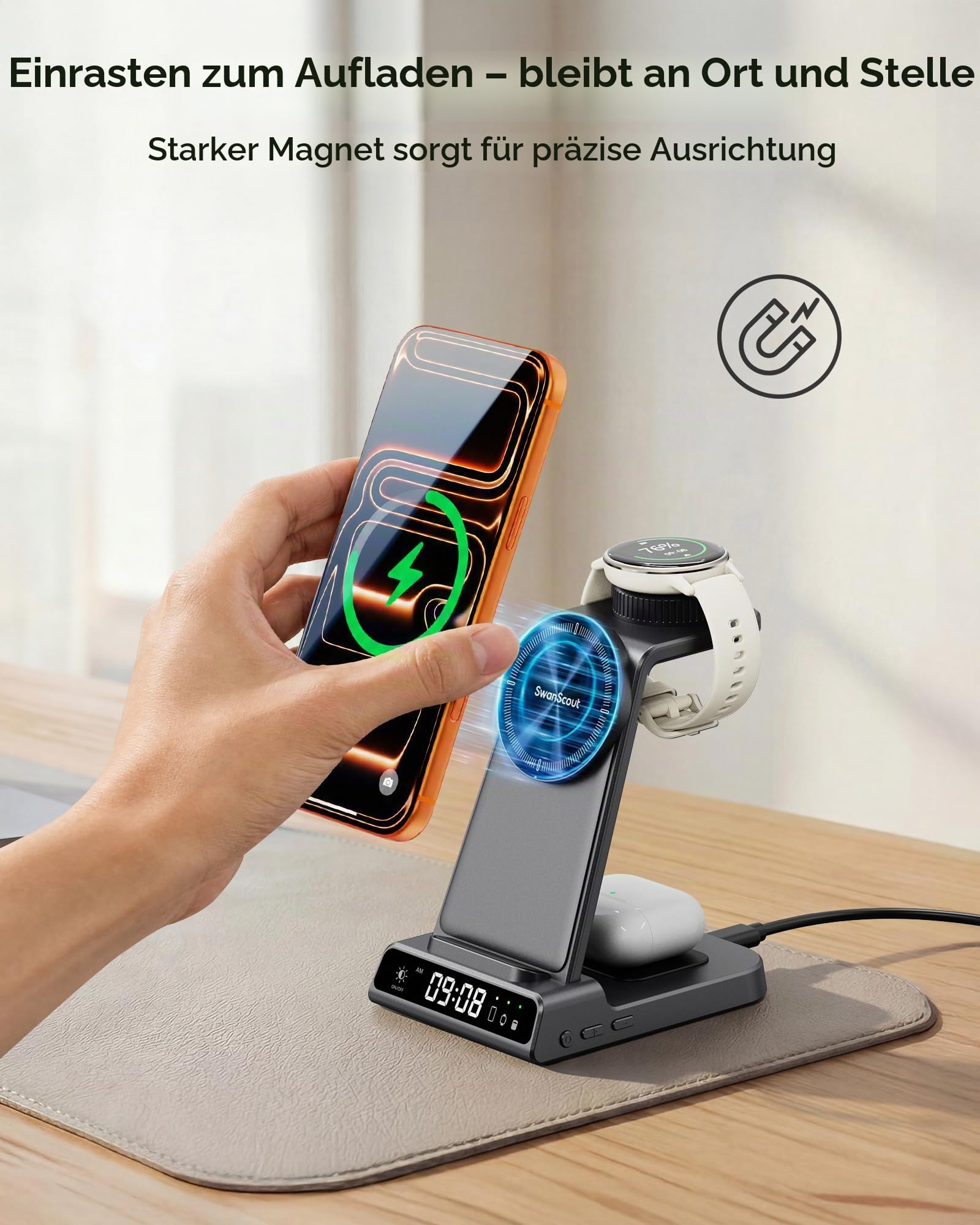 Ladestation für Garmin Watch, Magnetisch Induktive Ladestation für iPhone 17 16 15 14, 3 in 1 Wireless Charger für Garmin Uhr Fenix, Venu, Forerunner, Vivoactive, Instinct, für AirPods (No Adapter)
