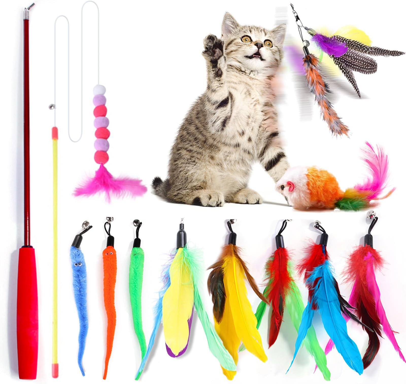 12-Piece SLE Cat Toy Set - Interactive Cat Stick Toys with Feathers & Bells - Ideal for Indoor Play to Instantly Grab Your Cat's Attention