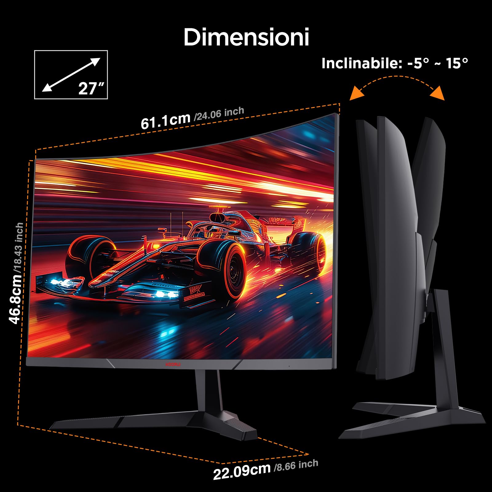 KOORUI 27 Pollici Gaming Monitor Curvo 180Hz QHD 1ms Adaptive Sync HDMI/DP | Inclinazione Regolabile, QHD 2560x1440, 1500R, DCI-P3 90%, HDR 10, VESA 100*100mm, per lavoro d'ufficio o per giocare