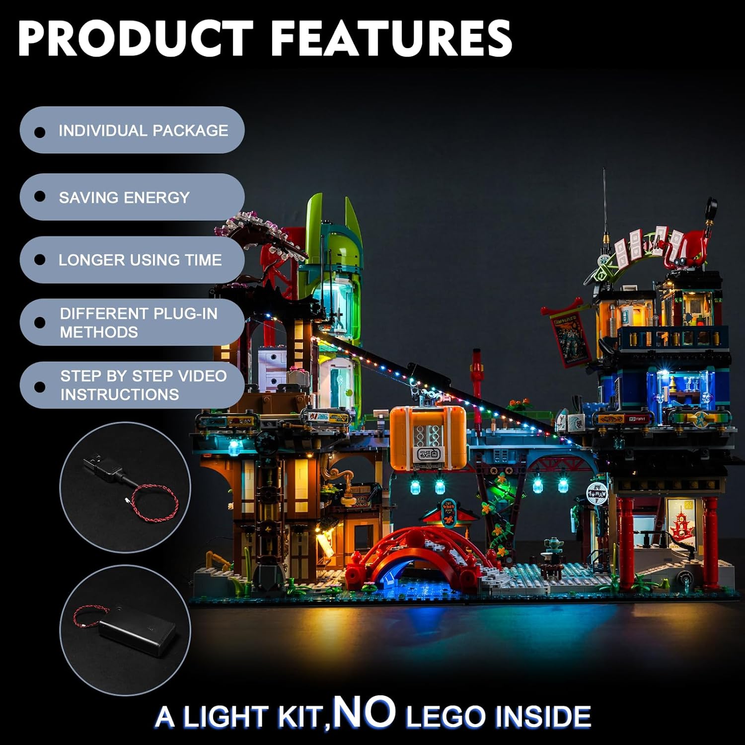 Product features of the BrickBling LED Light Kit, highlighting individual packaging, energy saving, longer use time, different plug-in methods, and step-by-step video instructions.