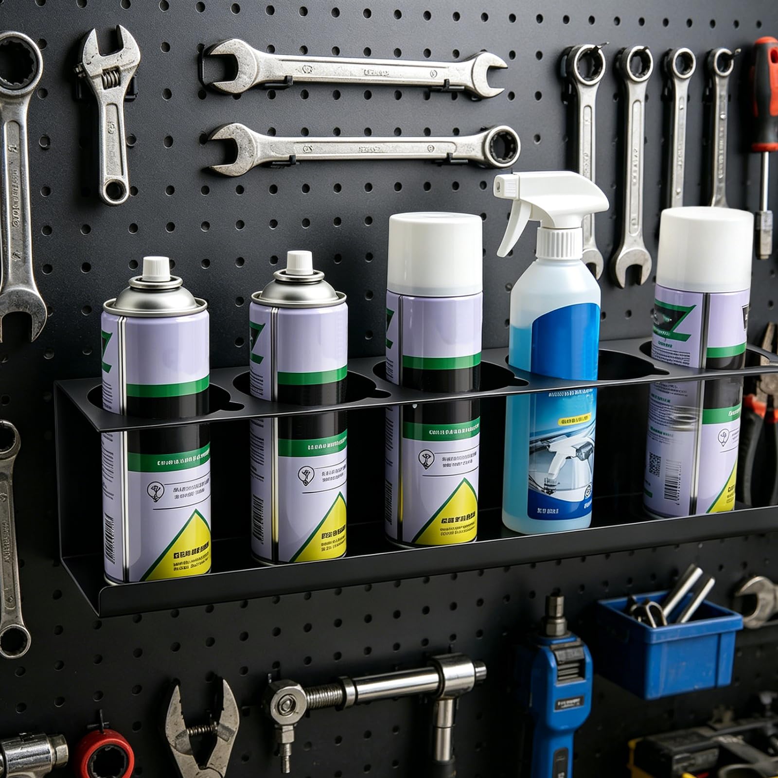 2 Stück Dosenhalter für Sprühflaschen, Schwarz Spraydosenhalter mit 5 Löchern, Wand Sprühdosenhalter mit Schrauben und Expansionsrohr für Garage Werkstatt