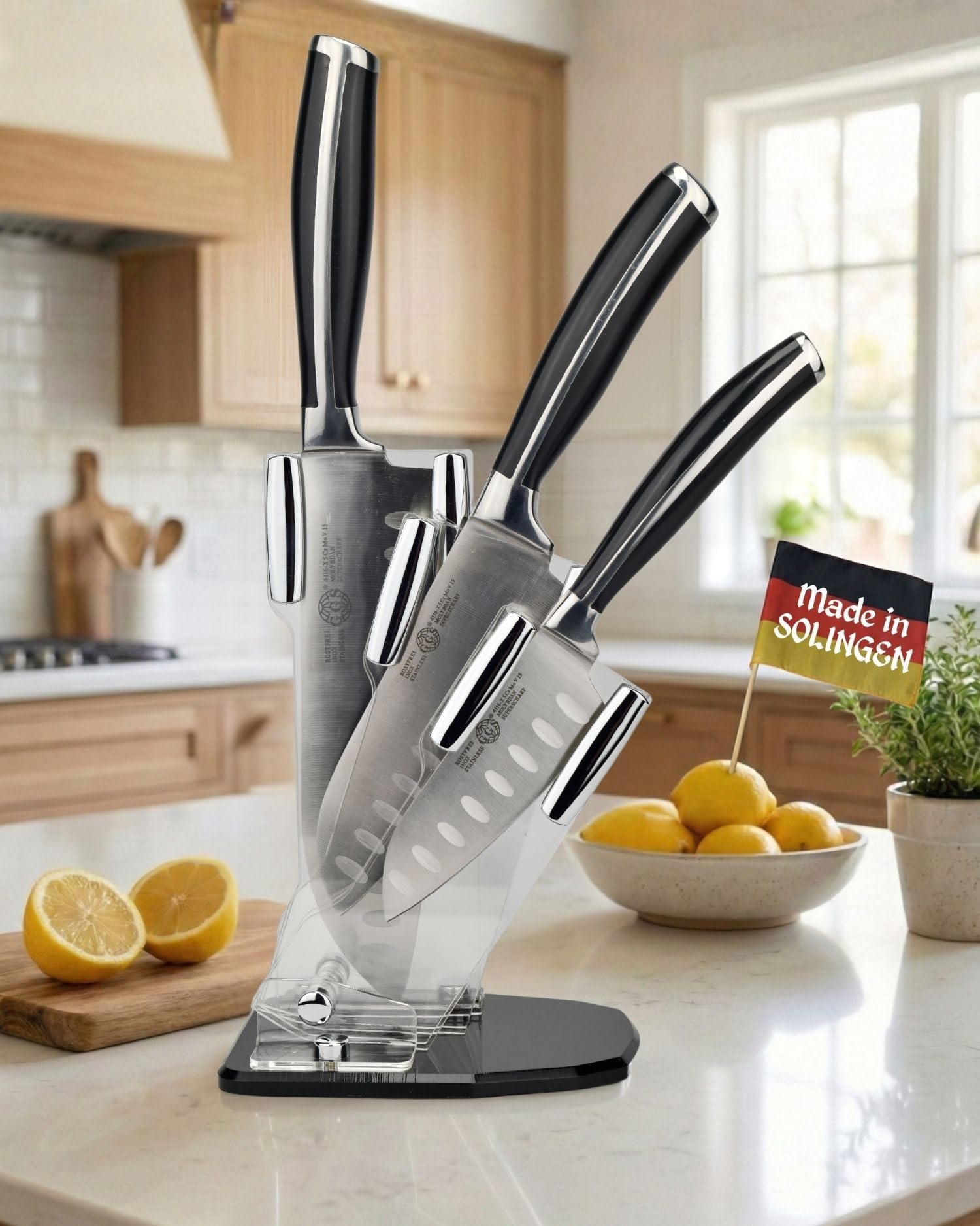 GGS Collection Home And Kitchen Juego De Cuchillos De Cocina Santoku 4 Piezas Con Bloque,Cuchillos Cocina De Utensilios De Cocina Acero Inoxidable Templado Especial,Solingen Standard,Accesorios Cocina