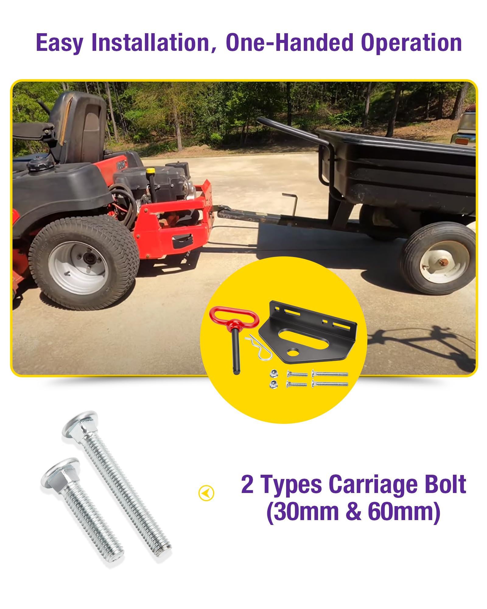Enganche y pasador de enganche para remolque de cortacésped de giro cero, 1/4 pulgadas de grosor, kit de enganche universal de acero resistente con pin, ranura de cadena versátil, enganche de remolque