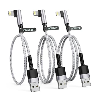 3Pack Right Angle Short Lightning iPhone Charge Cable, 90 Degree Apple Lightning Cable 15cm+30cm+30cm, Nylon Braided Sync Data Charger Cord for iPhone 14/13/12/11 Pro Max 8 7 Plus-Grey
