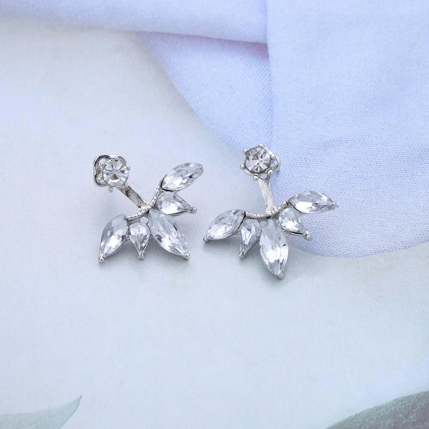 Vintage Crystal Lotus Ear Jacket Earrings Rhinestone Lotus Stud Earrings Gold Cz Lotus Ear Climber Earrings Crystal Curved Earrings for Women - Image 6