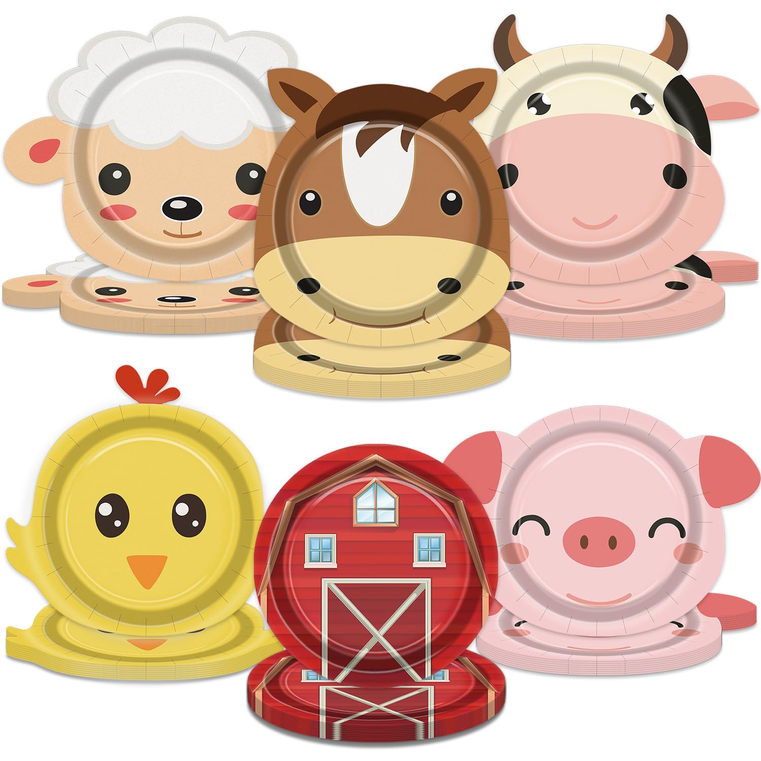APUXXJUPA Animals Plates, 60 Pcs Farmhouse Animals Paper Plates Designed with Cute Barn Horse Cow Sheep Pig Cock for Farm Baby Shower Barnyard Theme Party Supplies