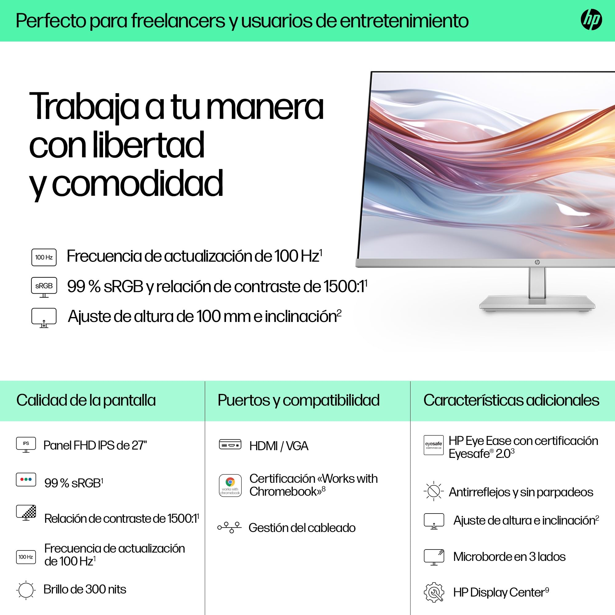 HP 527sh - Monitor de 27" FHD (1920x1080, IPS, 100 Hz, 5ms, 99% sRGB, 300 Nits, Contraste 1500:1, Altura Ajustable) Negro con Soporte Plateado — view 3