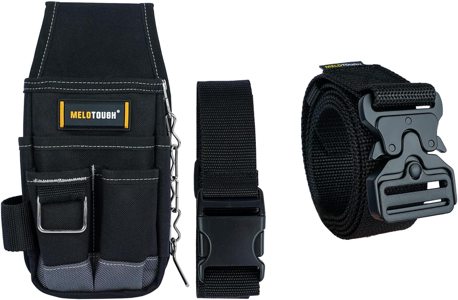 MELOTOUGH Pocket Tool Pouch Tool Belt Pouches with Belt Clip Utility Mini Tool Organizer Pouch, Quick Release Tool Belt 1.5 Inch Web Work Tool Belt with Heavy Duty Metal Buckle(Black)