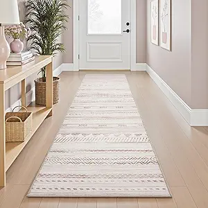 2x10 Runner Rug Machine Washable Non Slip Area Rug Distressed Neutral Moroccan Boho Rug Ultra Soft Floor Runners for Hallways for Entryway Laundry Room Kitchen, Pink